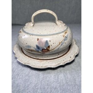 VTG Studio Art Pottery Cheese Dome Butter Dish Signed Rustic Farmhouse Plate Lid